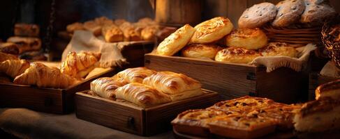 The assortment of delicious pastries and baked goods in a rustic setting. photo