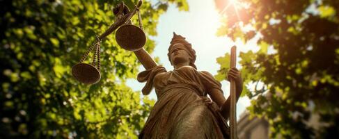 The Justice Statue Holding Scales Beneath a Sunlit Canopy of Leaves photo