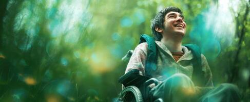 The joyful young man in a wheelchair enjoying nature's beauty. photo