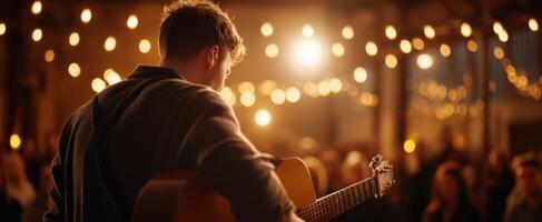 The musician performing passionately with guitar under romantic string lights. photo
