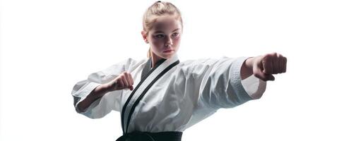 The strong girl demonstrating karate skills in a powerful punch pose. photo