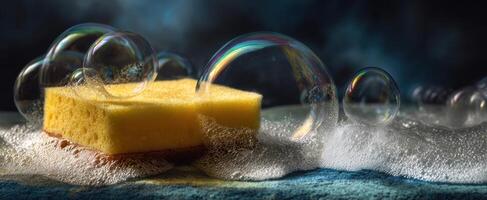 The vibrant sponge surrounded by floating bubbles and foam in a clean environment. photo