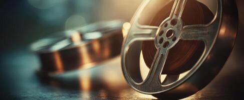 The vintage film reel showcases cinematic nostalgia in a dramatic light setting. photo