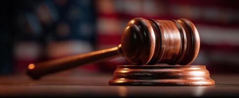 Judge gavel on wooden table with american flag background photo