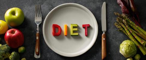 The Creative Plate with Colorful Diet Letters and Fresh Ingredients photo
