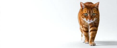 The orange cat walking confidently towards the camera in a bright studio setting. photo