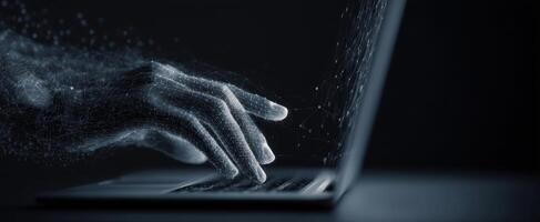 The futuristic hand interacting with a digital laptop in a dark environment. photo