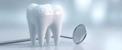 The white tooth and dental mirror on a modern surface for healthcare. photo