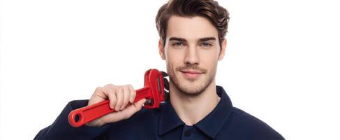 The confident young man with a wrench ready for plumbing work. photo