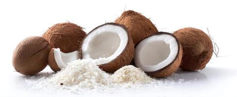 The Fresh Coconut with Shredded Coconut Flakes on a White Background photo