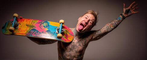 The Enthusiastic Skateboarder Expressing Joy with a Colorful Skateboard photo