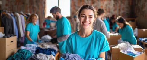 The dedicated volunteers sorting clothes in a community donation center. photo