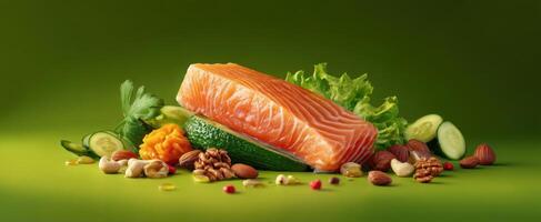 Salmon, vegetables and nuts on green background photo