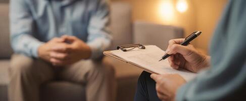 The therapist taking notes during a patient counseling session in a cozy environment. photo