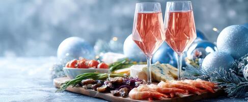 The colorful spread of seafood and sparkling drinks for a festive celebration. photo