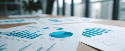 The detailed presentation of analytics statistics and growth graphs on a desk. photo