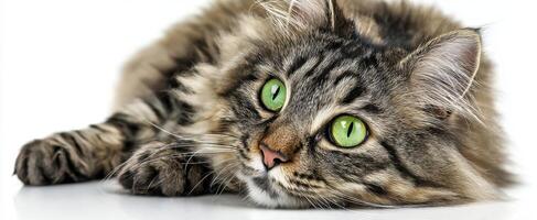 The adorable and curious cat with striking green eyes lounging on white surface. photo