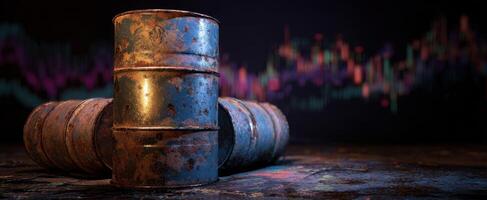 The rusted barrels against a dynamic financial market backdrop. photo