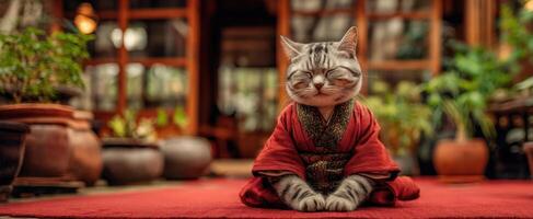 The serene cat in a tranquil indoor garden dressed in a traditional robe. photo