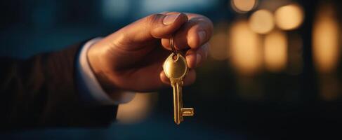 The golden key hanging from a hand in soft evening light photo