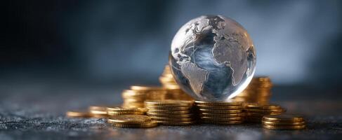 The globe resting on a pile of coins symbolizing financial prosperity and growth. photo