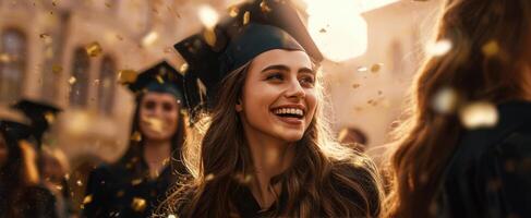 The joyous graduate celebrating success with friends amidst golden confetti. photo