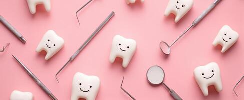 The adorable teeth and dental tools on a pink background for oral care. photo