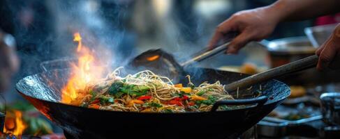 The chef skillfully prepares vibrant stir-fried noodles in a sizzling wok. photo