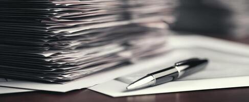 The stack of paperwork beside a sleek pen on an organized desk photo