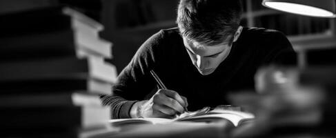 The focused student immersed in writing amidst stacks of books. photo