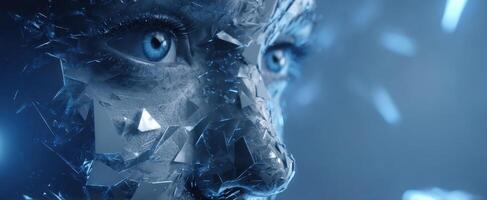 The futuristic face composed of crystalline and reflective elements. photo