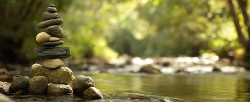 The balanced stones creating tranquility near the serene riverbanks. photo