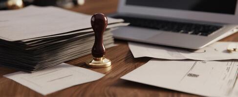 The office scene featuring a wooden stamp and organized paperwork on a desk photo