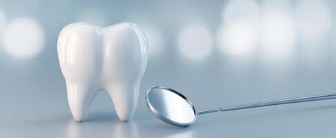 The white tooth with a dental mirror indicating oral health awareness. photo