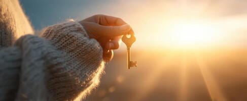 The key held gently in hand against the stunning sunrise backdrop. photo