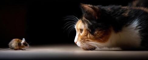 The cat and mouse face-off in a dramatic moment of nature's instincts. photo