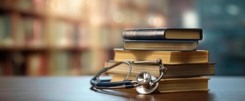 The stethoscope resting on a stack of medical textbooks in a library setting. photo