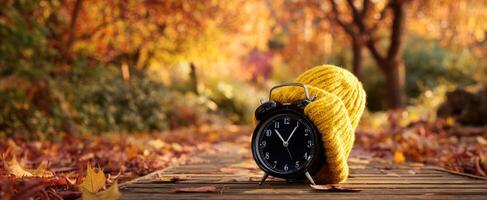 The cozy clock wrapped in yellow yarn amidst autumn's vibrant foliage photo