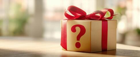The gift box with a question mark for unexpected surprises and celebrations. photo