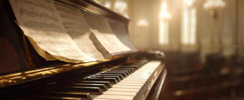 The Elegant Piano with Sheet Music Illuminated by Soft Ambient Light photo
