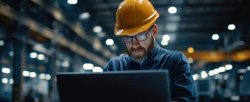The industrious worker using a laptop in a manufacturing environment. photo