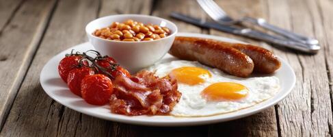 The delicious breakfast plate featuring eggs, sausages, bacon, and beans. photo