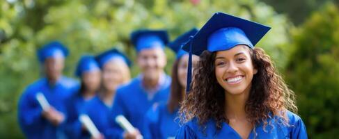 The joyful graduate celebrating achievements with peers in a beautiful outdoor setting photo