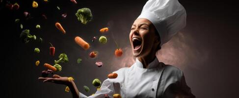The dynamic chef showcasing fresh vegetables with joyful enthusiasm photo