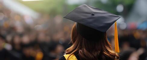 The graduate celebrating achievement at a graduation ceremony with cap and gown. photo