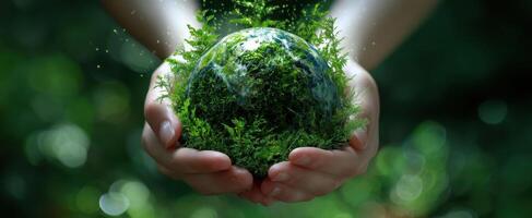The hands nurturing the green planet symbolizes Earth's fragile beauty and sustainability. photo