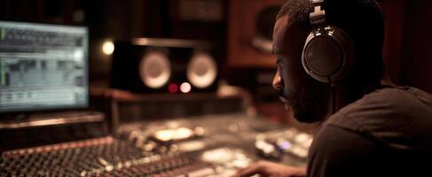 The focused music producer in a modern recording studio environment. photo