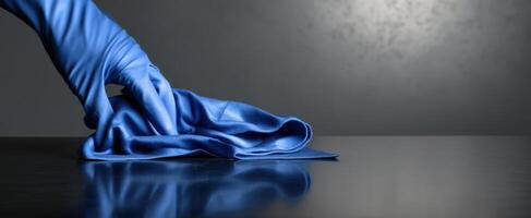 The blue glove gently wipes a reflective surface for a clean finish photo