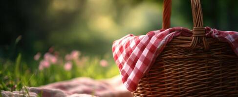 The picnic basket resting gently on the grass in a sunny meadow. photo