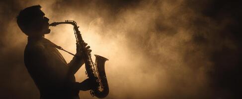 The saxophonist creating soulful music in a misty atmosphere. photo